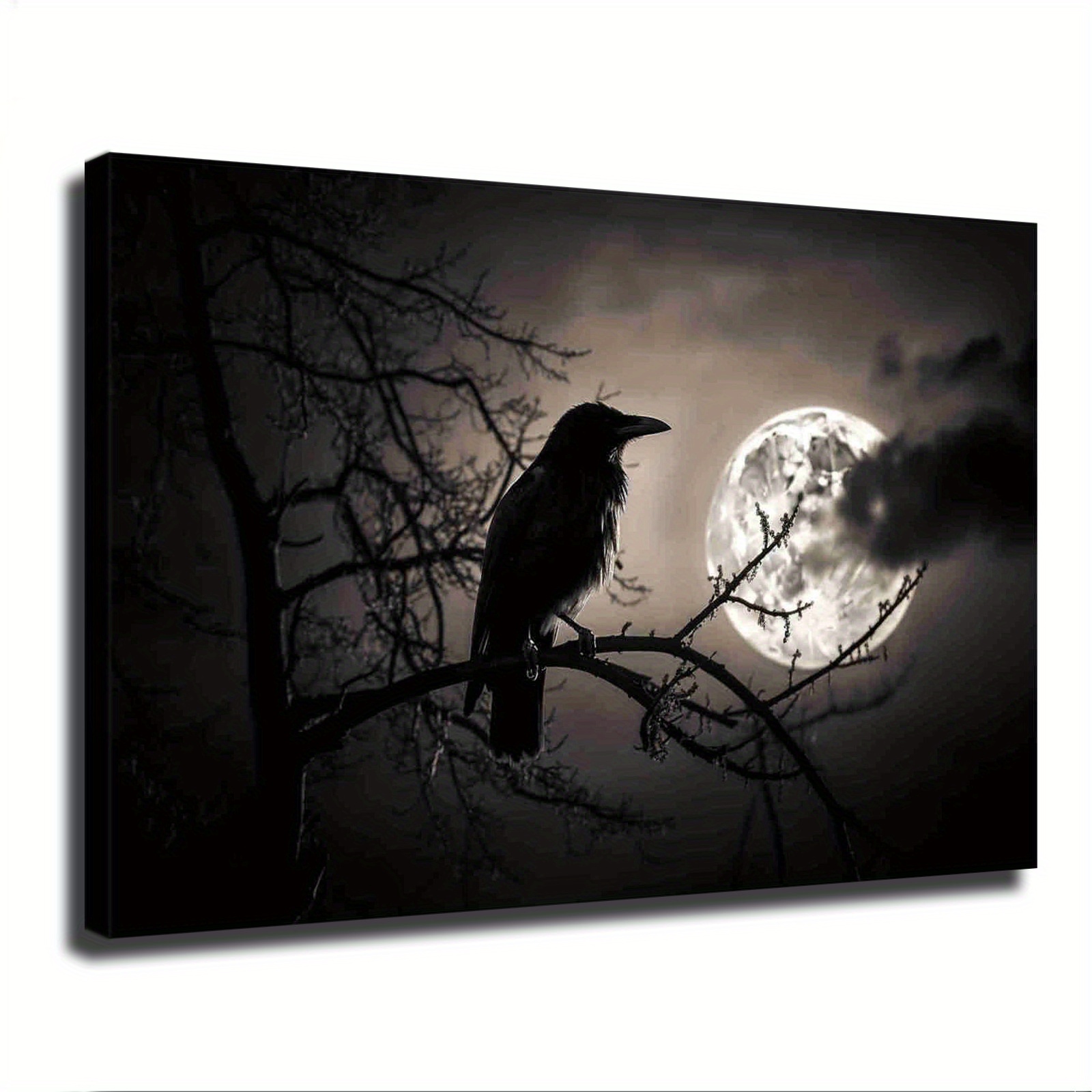

1 Pc Wooden Framed Wall Art, Crow Silhouette Moon Black Grey Poster, Artwork Wall Painting For Gift, Home Living Room Office Cafe Wall Decor, Perfect Gift And Home Decoration