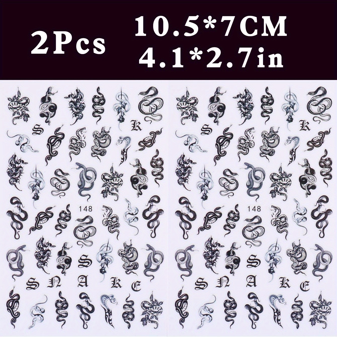 2pcs Black Snake Nail Art Stickers - Gothic Animal Print Self-adhesive Decals, Irregular Shapes Finish Diy Nail Decor For Edgy Cool S, Snakeskin Nail Stickers