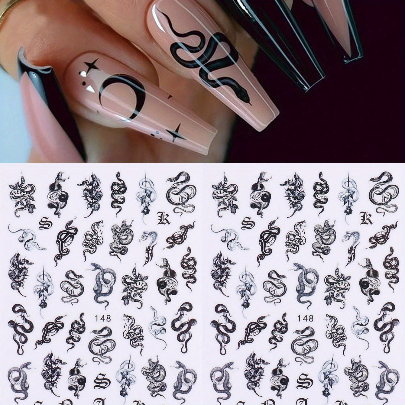 

[popular ] 2pcs Black Snake Nail Art Stickers, Gothic Dark Style Diy Sliders Nail Decals, Diy Decoration For , Snakeskin Nail Stickers