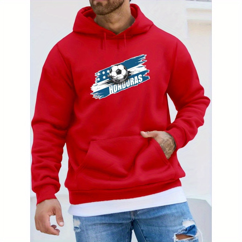 

Honduras Flag Football Graphic Print Men's Long Sleeve Pullover Hoodie, Warm Fleece Hooded Sweatshirt With Kangaroo Pocket, Casual Comfortable Versatile Top For Autumn And Winter, As Gifts