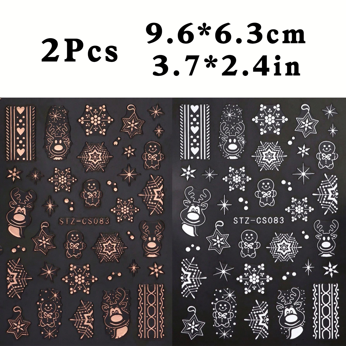 TEMU 2pcs Winter Snowflake Nail Art Stickers Decals Rose Golden & White Cartoon Deer 3d Christmas Nail Decorations New Year Manicure Diy