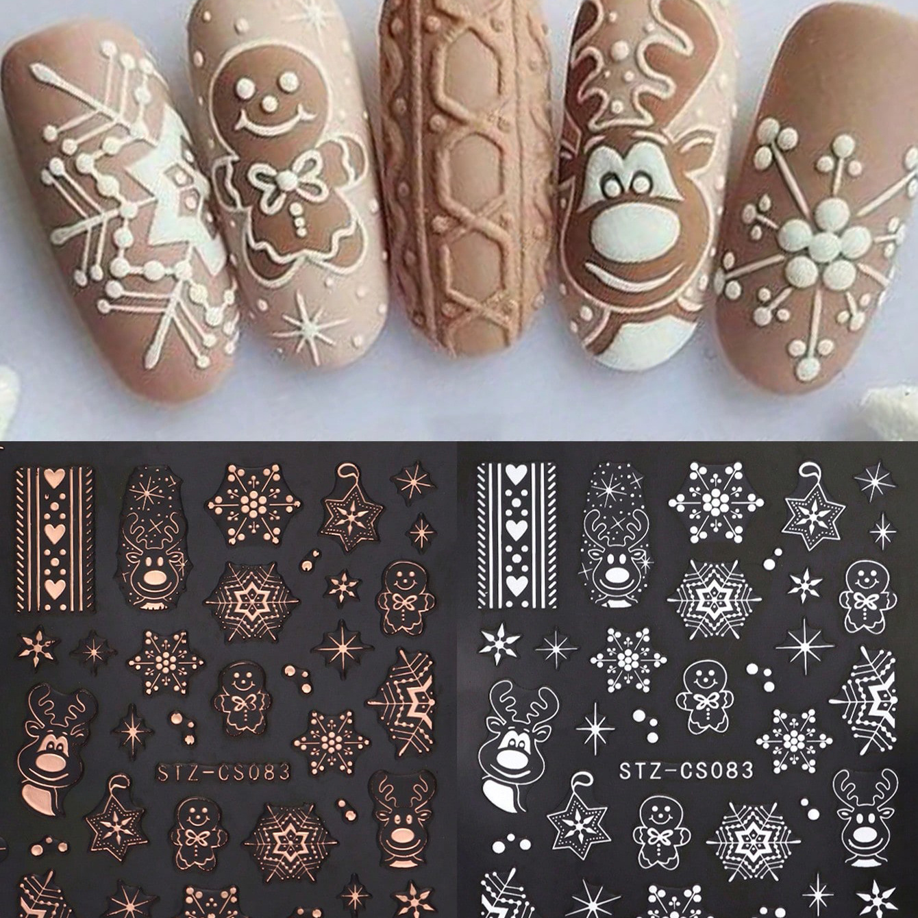 

2pcs Winter Snowflake Nail Art Stickers Decals Rose Golden & White Cartoon Deer 3d Christmas Nail Decorations New Year Manicure Diy