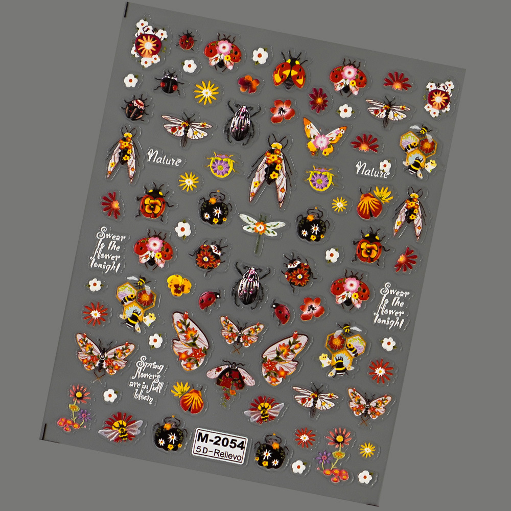 1 Sheet 5d Embossed Ladybug Nail Art Stickers - Self-adhesive Cartoon Insect Decals With Colorful Flower Patterns For , Plastic Material, Finish, Single Use
