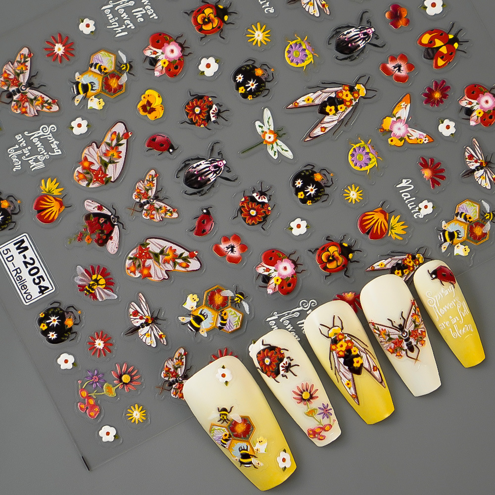 

1-sheet Vibrant 5d Embossed Ladybug & Floral Nail Art Stickers - Self-adhesive, Cartoon Decals With "" Phrases, Easy To Apply For Creative , Nail Stickers