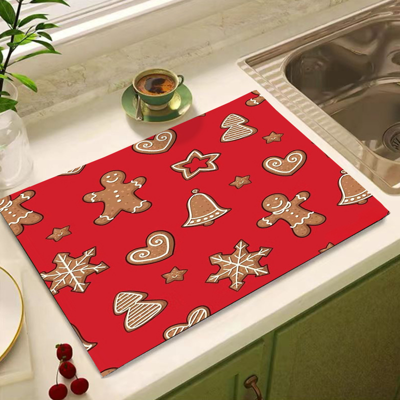 

Festive Christmas Kitchen Mat: Gingerbread Men And Snowflakes Pattern, Synthetic Material, 40cm X 30cm, Perfect For Drying Dishes Or As A Decorative Placemat