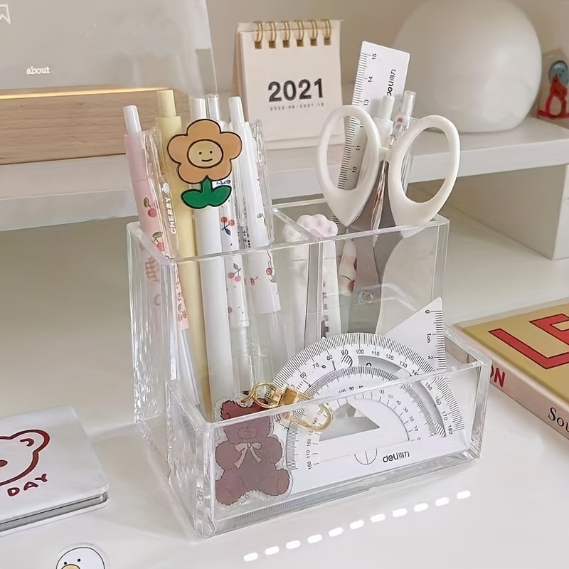 

1pc Organiseur de bureau en acrylique - Porte-stylo et crayon multifonction transparent avec trois compartiments pour le bureau, l'école et le rangement à la maison