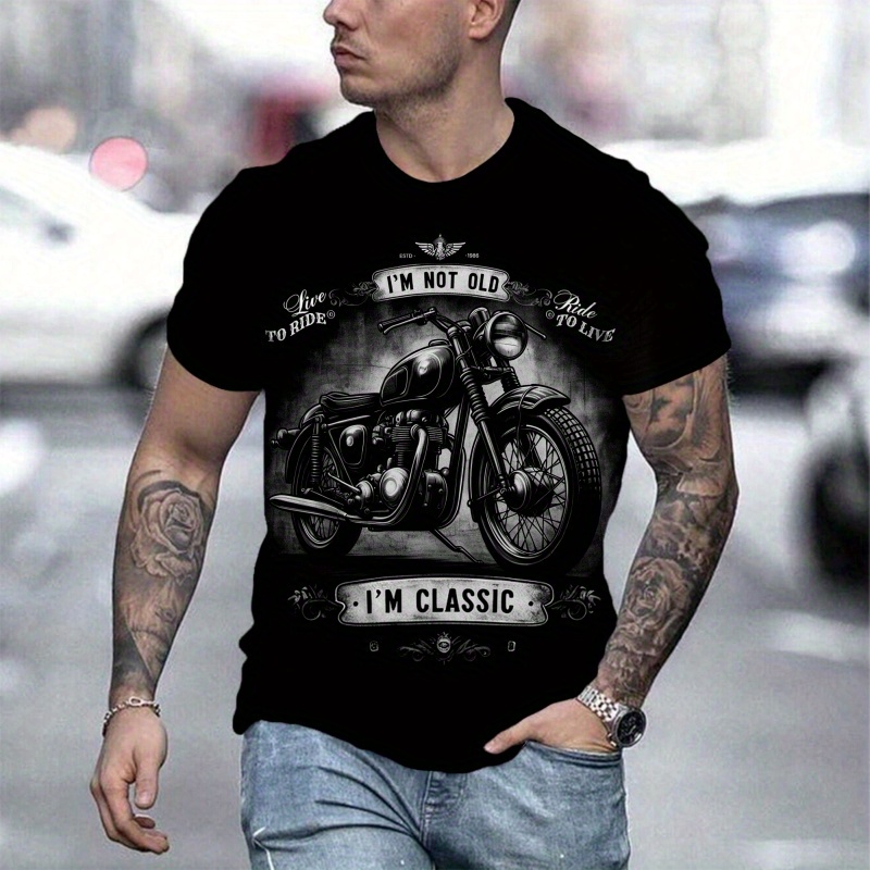 

Men's 3d Digital Retro Style Motorcycle Pattern And I'm Not Old I'm Classic Print Short Sleeve And Crew Neck T-shirt, Trendy Summer Tops For Outdoors Activities
