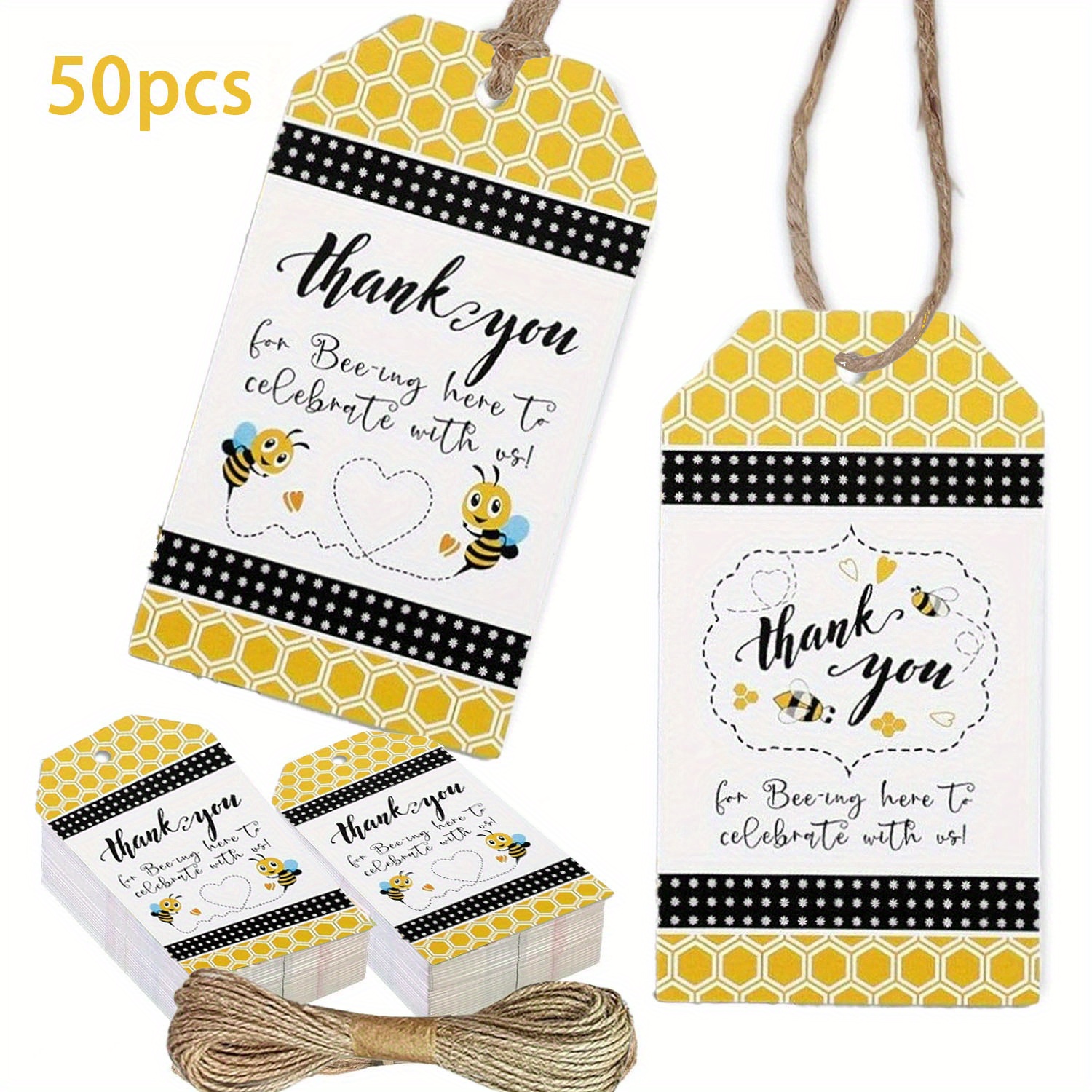 

50 Small Bee Thank You Cards With Ropes - Perfect For Weddings, Parties, Baby Showers, And Holiday Decorations