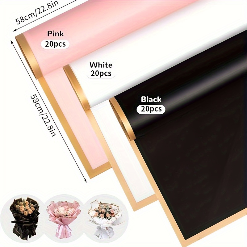 E-shop 60 Blatt Jelly Film mit goldenem Rand, wasserdichtes Blumenverpackungspapier in Weiß, Rosa und Schwarz, für Blumensträuße und Geschenke, Zubehör