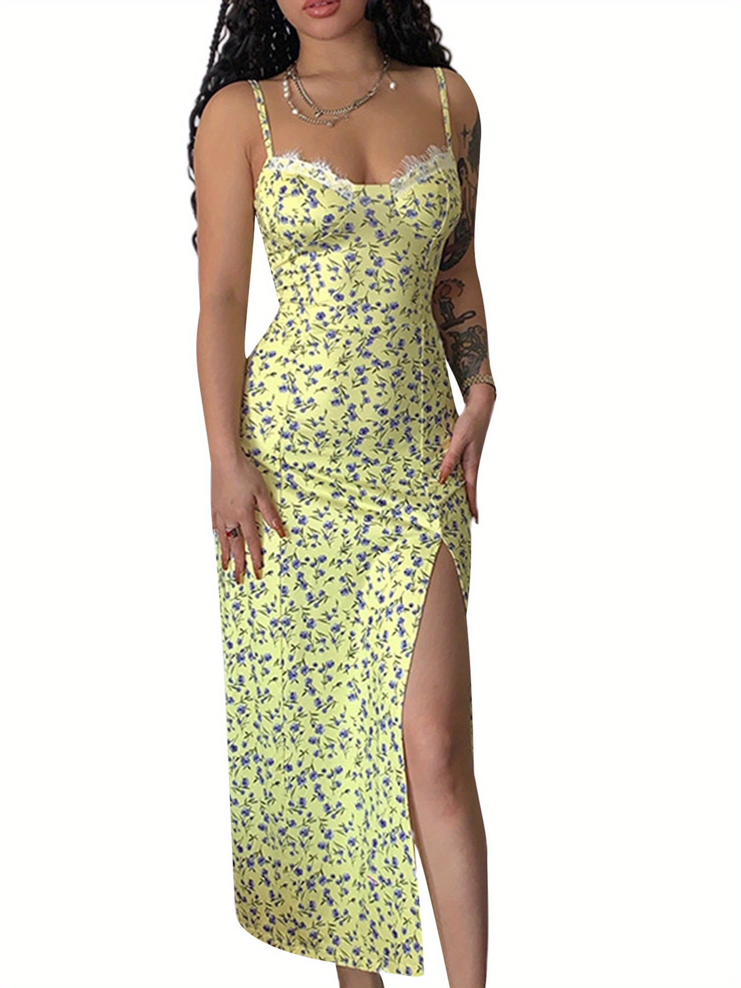 women slip long dress, sleeveless spaghetti strap floral print lace trim  slit hem bodycon dress for | Shop On Temu And Start Saving | Temu