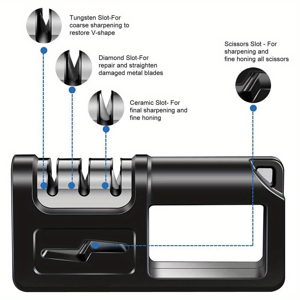   4 in 1 outdoor kitchen knife sharpener featuring diamond ceramic and   steel slots for safe and   sharpening this multifunctional tool is ideal for camping hiking and outdoor cooking with a compact and portable design for   the ergonomic handle provides a comfortable grip making it suitable for home outdoor and   details 1