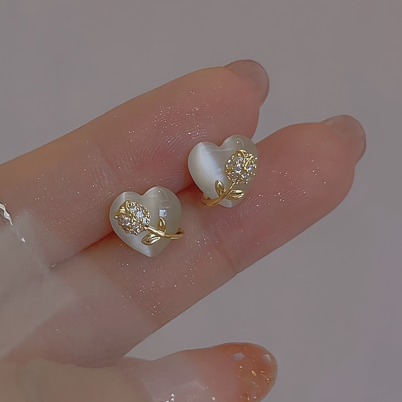 TEMU 1pair Fashion Stud Earrings For Girls, Copper Material, Inlaid Artificial Diamonds, With Heart Shaped And Flower Pattern Design, Ideal Choice For Gift And Daily Wear