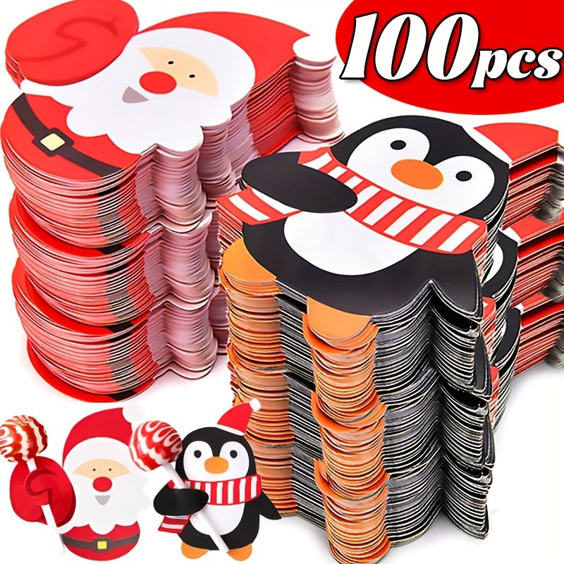 

100-pack Christmas Lollipop Holder Cards - Holiday Candy Decor Paper Crafts Featuring Santa, Penguin, Snowman Designs For Christmas, New Year, Party Favors, Gift Decorations Without Electricity