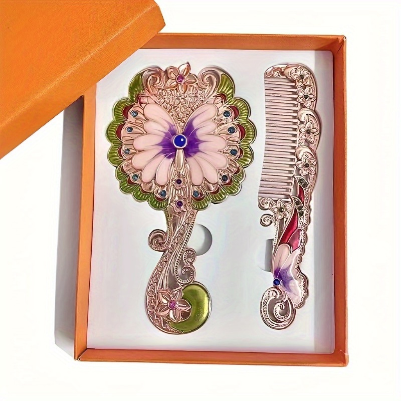 TEMU 2pcs Peacock Vanity Mirror & Comb Set - Ornate Carved Metal Frame With Mirror, Portable Handheld Hair Comb For &, Elegant Gift For Weddings, Parties, Routine (princess Accessory)