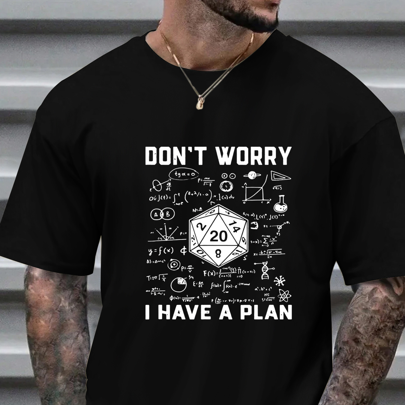 

Don't Worry I Have A Plan Creative Calculation Graphic Print, Men's Casual Round Neck Short Sleeve T-shirt, Versatile Outdoor Comfy Top For Summer