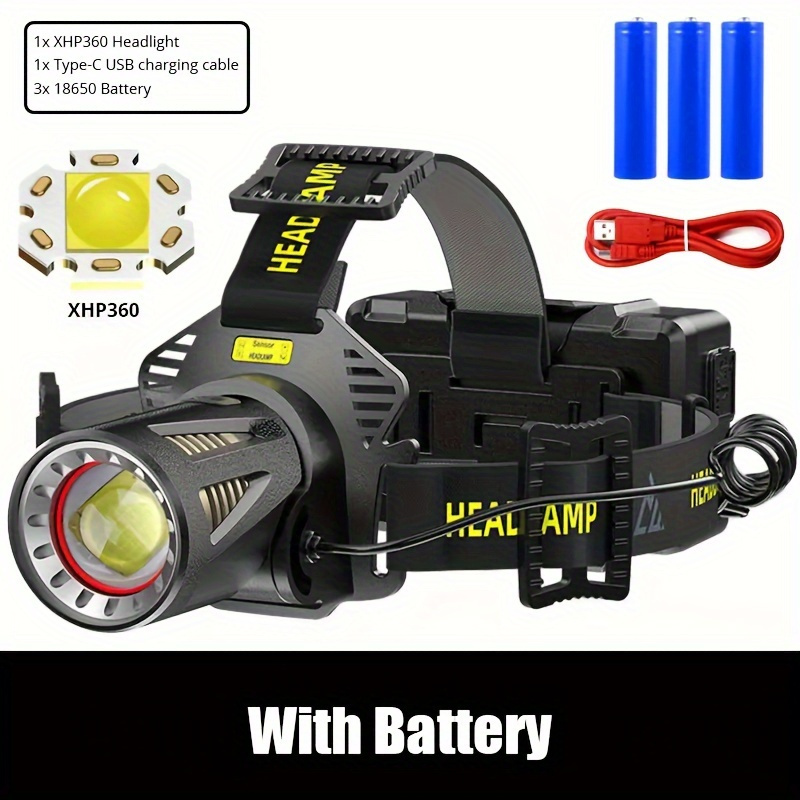 1pc Tokeyla XHP360 High-Power LED Headlamp, 5200mAh Rechargeable Lithium Battery, Non-Waterproof, Battery Powered Outdoor Headlight with Multiple Components Suitable for Outdoor Activities Such As Fishing, Hiking, Mountaineering, Work Maintenance, Ex