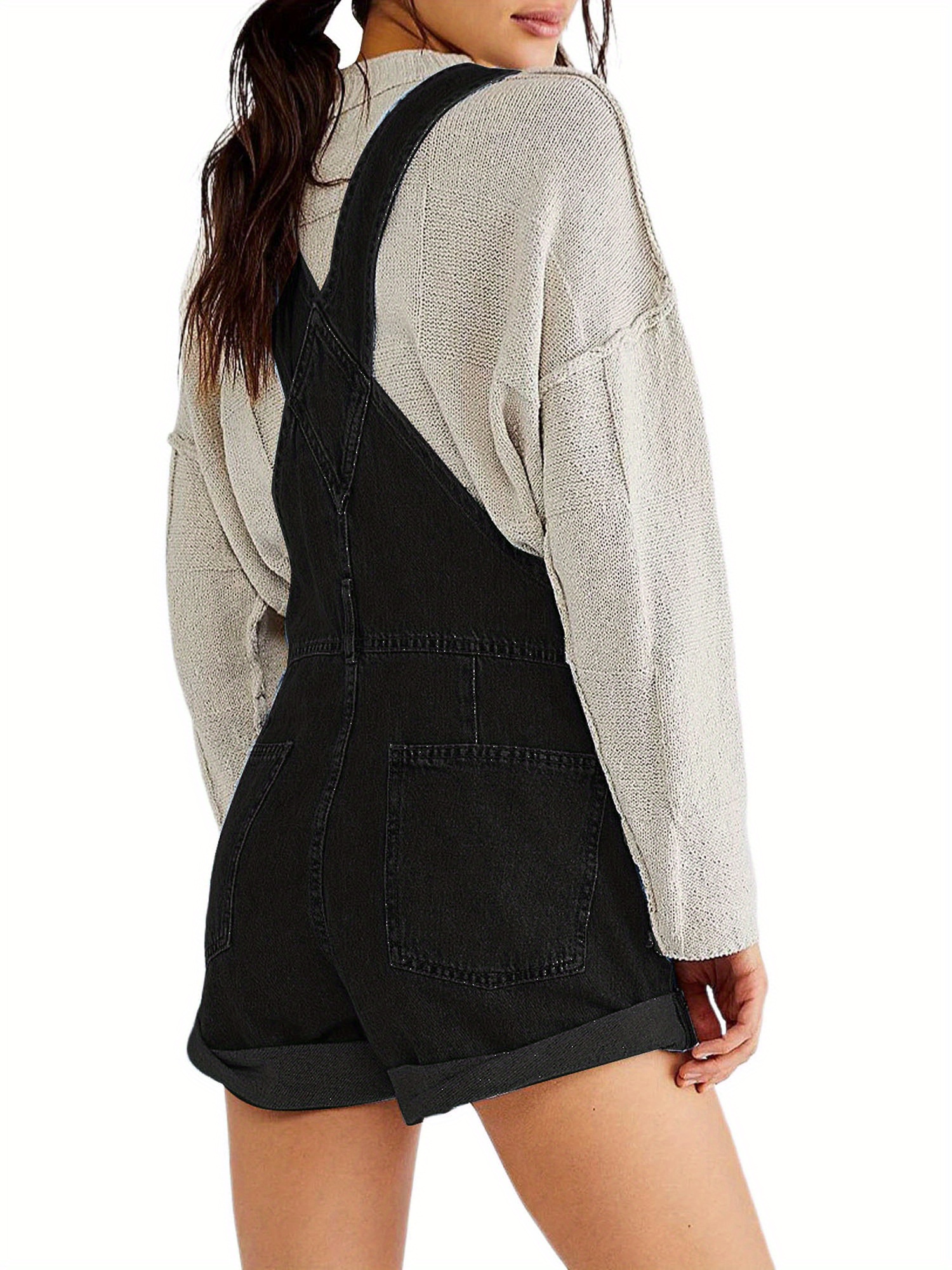 Women's Denim Bib Overalls Shorts – Adjustable Straps, Rolled Cuff, Multiple Pockets, Casual Romper For Summer