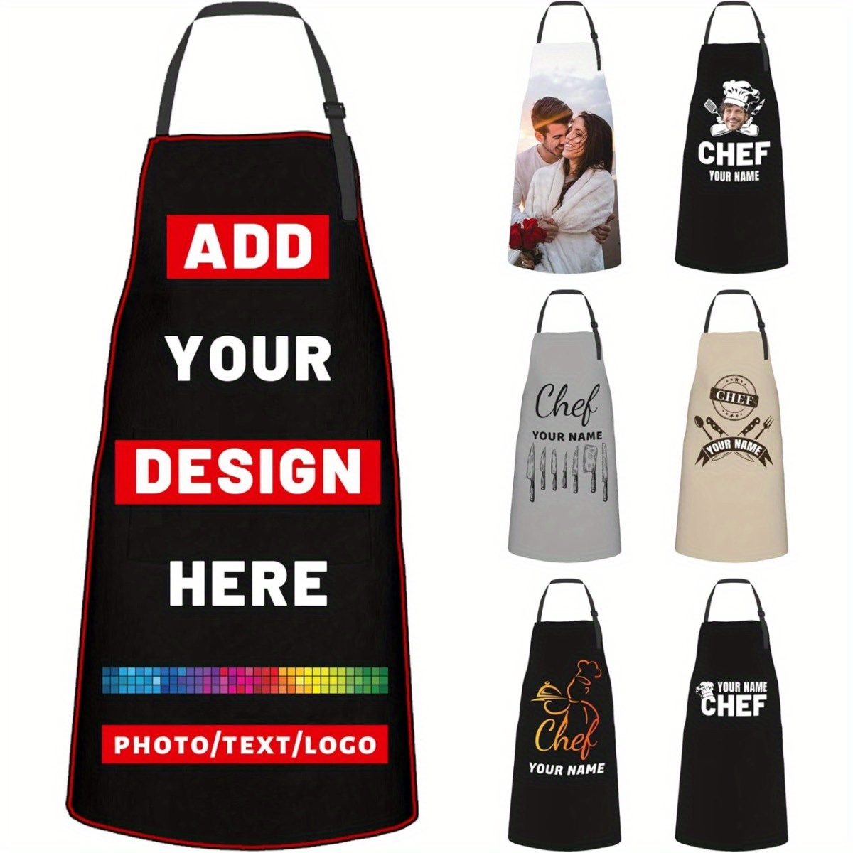 

[personalized Gift] Customizable Adult Aprons With Your Photo & Text - Waterproof Polyester, Adjustable Bib With 2 Pockets, Ideal For Cooking, Bbq & Serving - In Black, Gray, White, , Blue, Golden