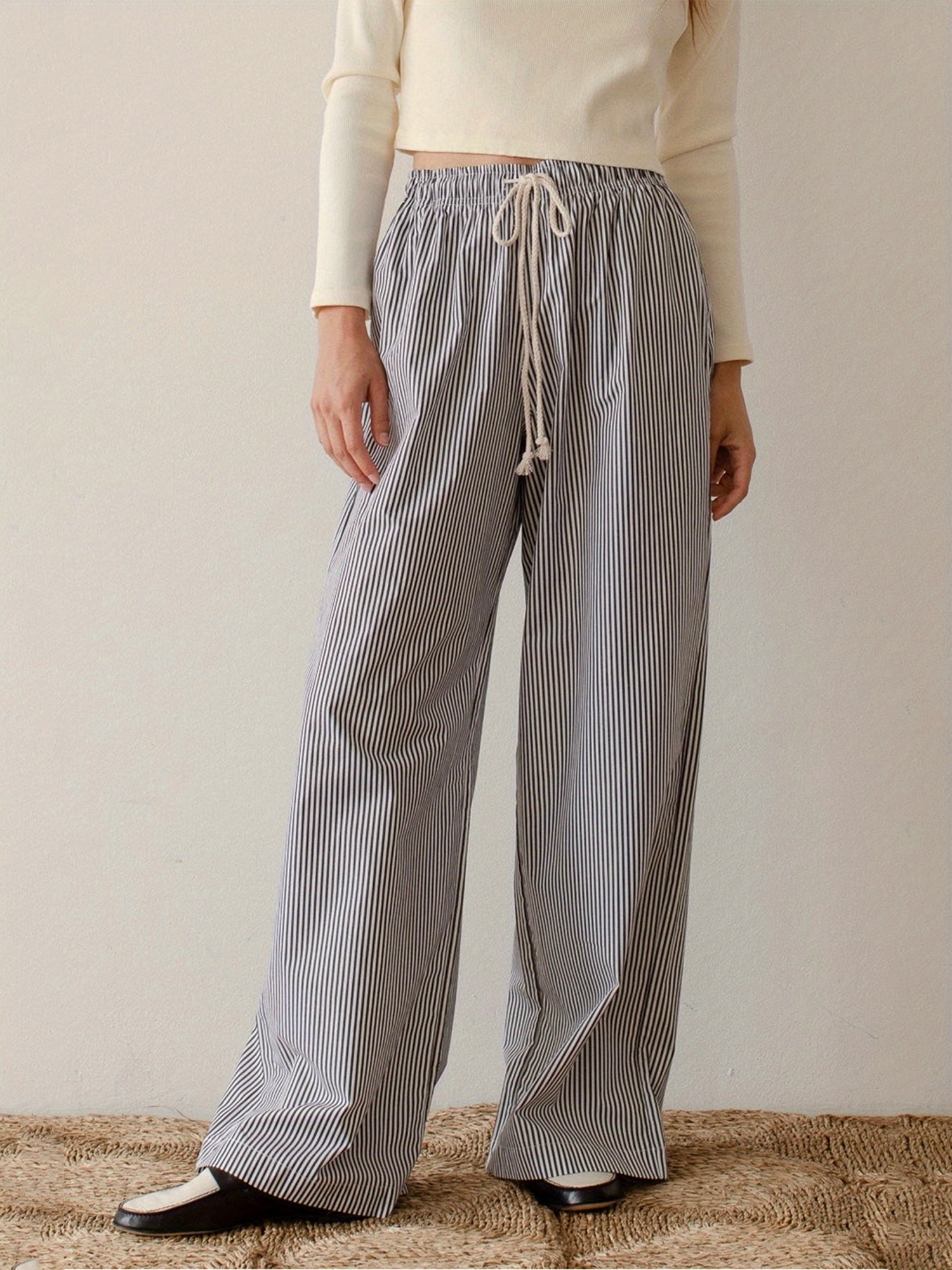 Women'* Grey Horizontal Striped Wide Leg Pants High Waist Adjustable  Drawstring Trousers, Loose-Fit Vertical Striped-like Leg (No Vertical S