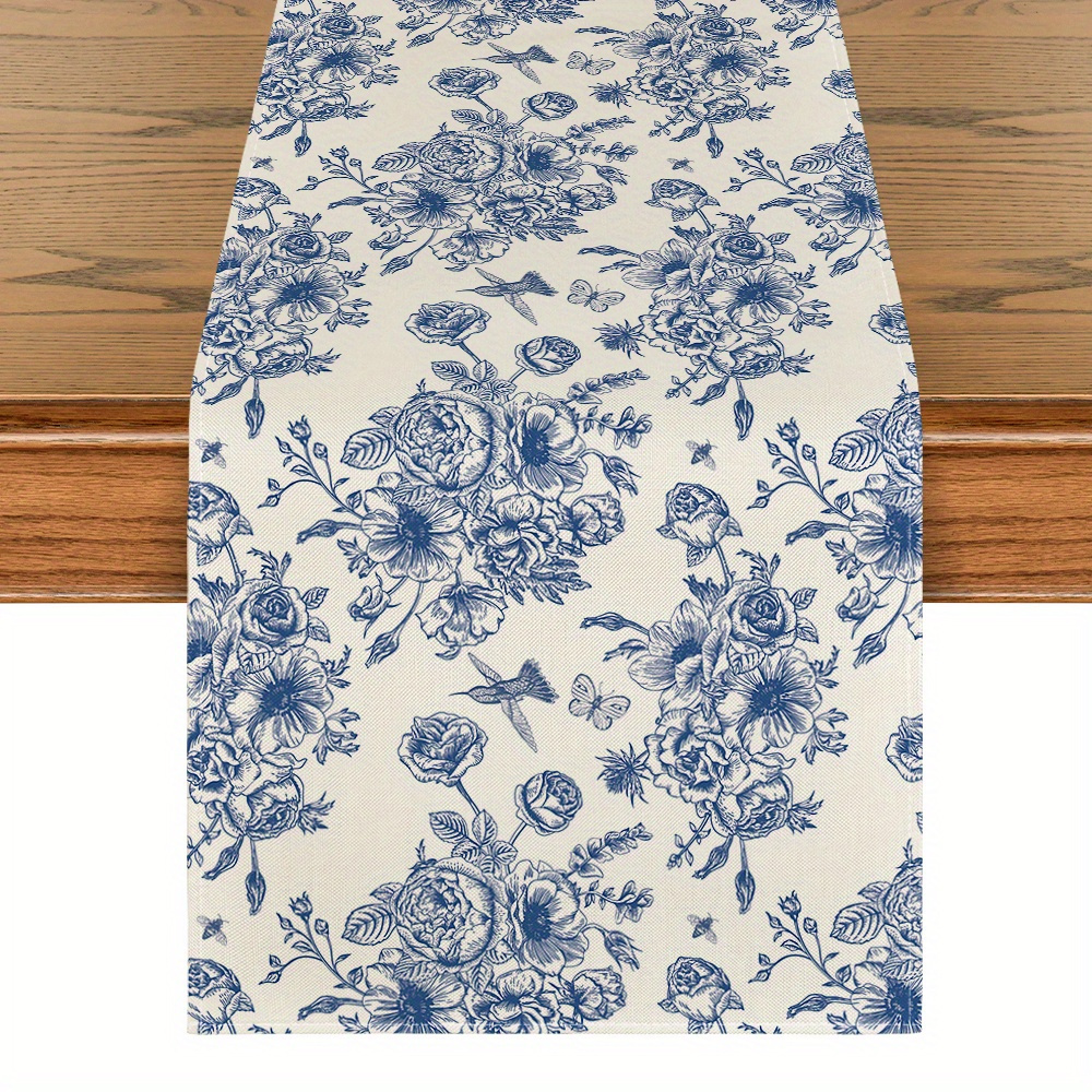 

Sm:)e Spring Navy Blue Floral Chinoiserie Table Runner, Seasonal Summer Kitchen Dining Table Funky Home Decoration For Home Party Funky Home Decor 13x72 Inch