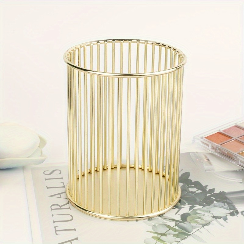 TEMU Porte-stylo rond 1 pièce, contenant de rangement doré pour pinceaux de maquillage, seau de rangement multifonctionnel en fer pour fournitures de