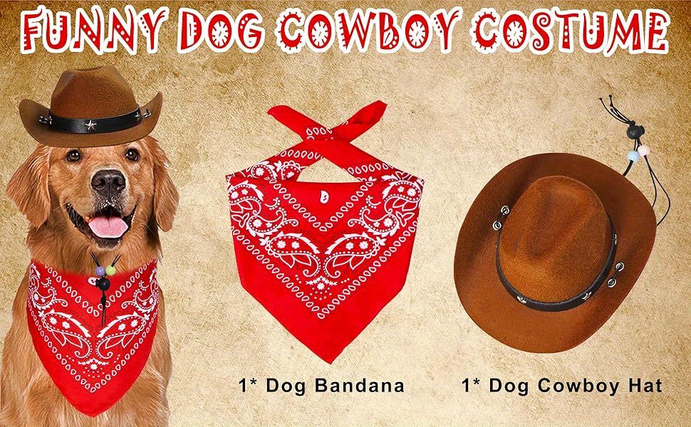 Hundekostüm Cowboy – Set Mit Braunem Hut & Rotem Halstuch, Für Kleine/mittlere/große Hunde, Halloween