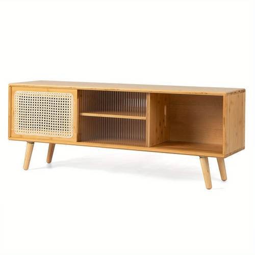 century tv stand with 2 sliding doors natural wood media console for living room or bedroom accented rattan tempered glass to 55 tvs stylish lowboard design