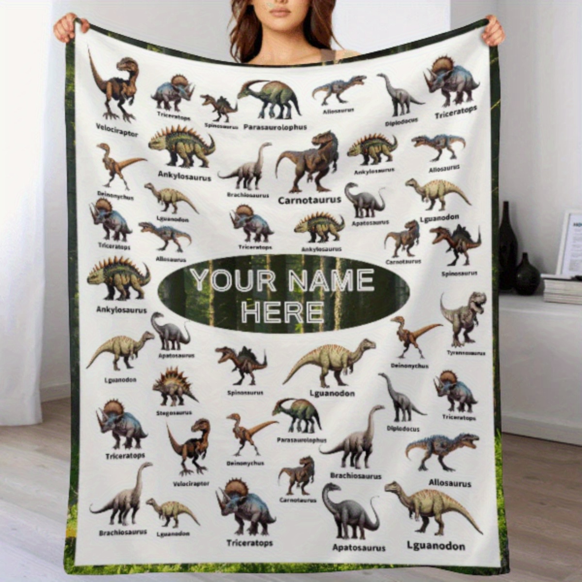 

Custom Dinosaur Pattern Flannel Throw Blanket - Personalized Name, | For Couch, Office, Outdoor Use | & Machine Washable