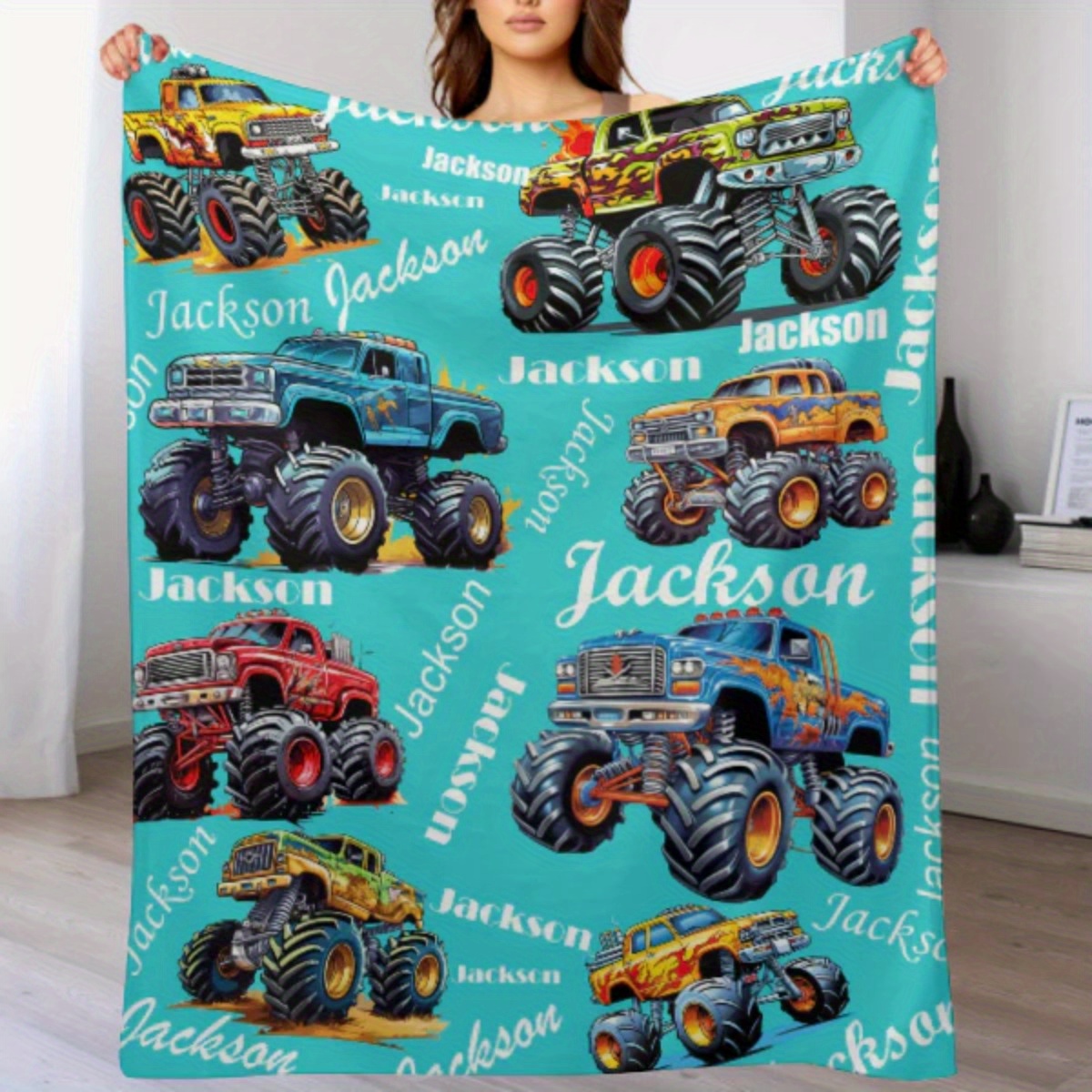 

Customizable Monster Truck Pattern Flannel Throw Blanket - Personalized Name, Warm, Cozy, Machine Washable, , Knitted Polyester, Multipurpose Blanket For Living Room, Sofa, Outdoors, Beach, Camping