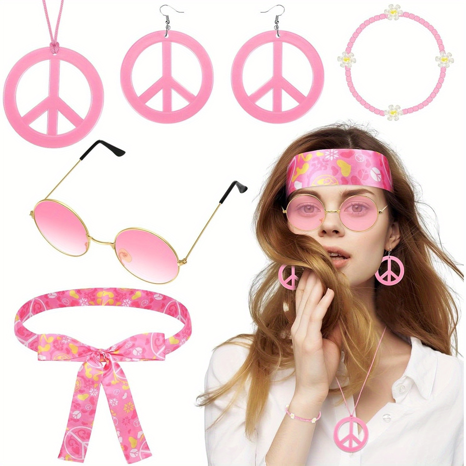 6pcs Hippie Party Costume for Women, Boho Peace Sign Earrings 60s 70s  Outfits for Woman Favor Halloween Costume Accessories