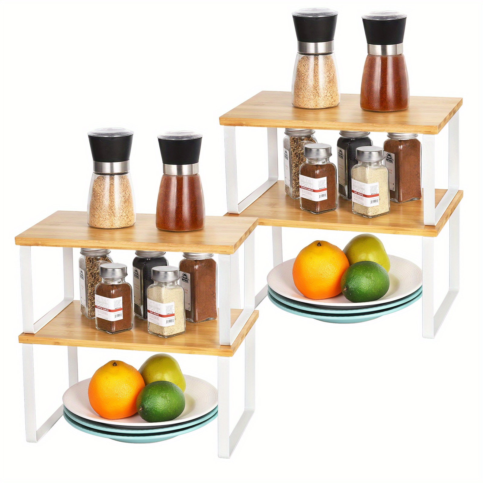 

Set Of 4 Bamboo Kitchen Cabinet Shelf Stackable Expandable Counter Shelves Rack