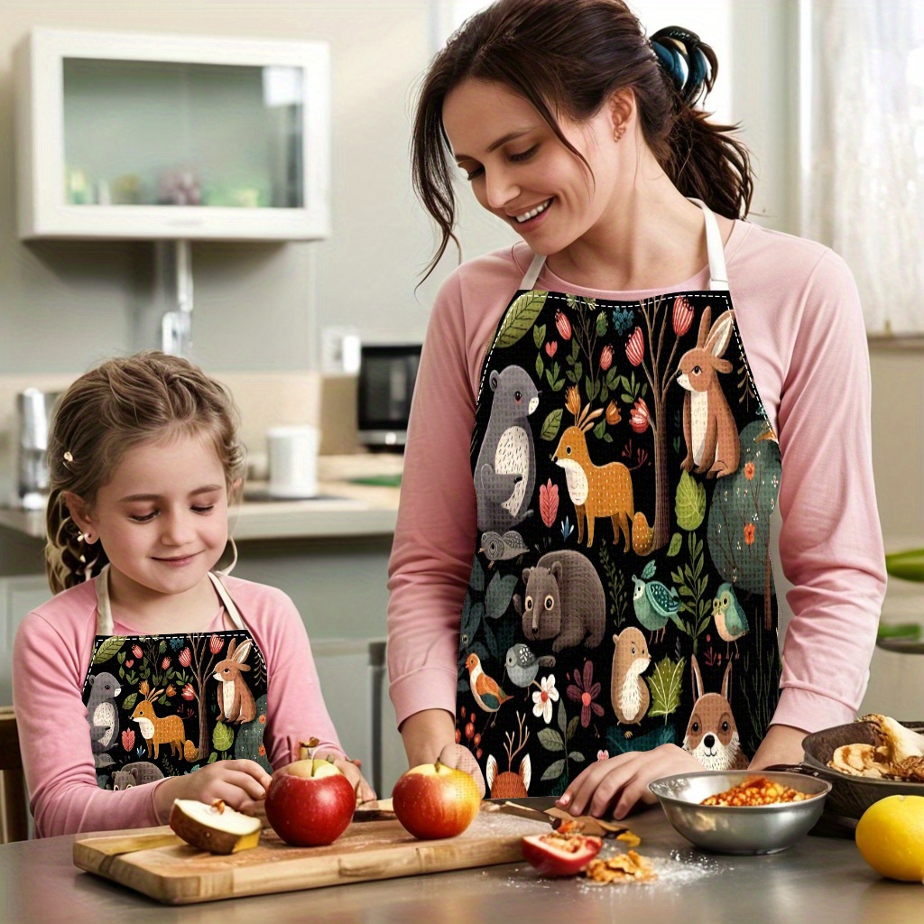 

Forest Animal Themed Apron Set - 1pc Or 2pcs, Fashion Woven Polyester Kitchen Aprons With Thick Waist Ties, Home Cleaning & Outdoor Dirt-resistant Aprons For Family Use