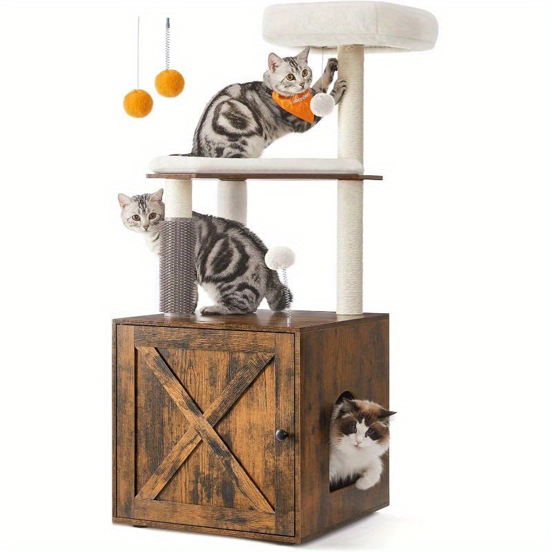 

Woodywonders Cat Tree With Litter Box Enclosure, 2-in-1 Modern Cat Tower For Indoor Cats, 52. 8-inch Cat Condo With Self Groomer, Scratching Posts, Washable Cushions, Rustic Brown