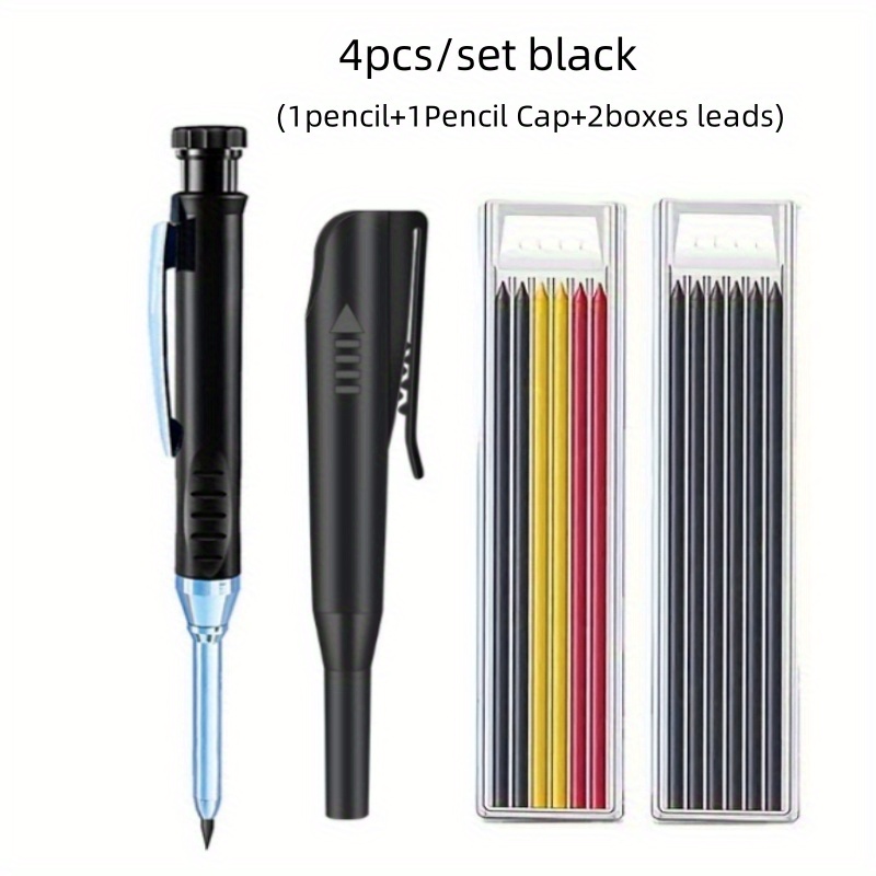 Image of 4pcs/set 2.8mm Solid For Carpenter Pencil With Pencil Cap, Deep Hole Mechanical Pencil Marker With Built In Sharpener For Carpenter Woodworking (1pencil And 1 Pencil Cap And 2boxes Leads)