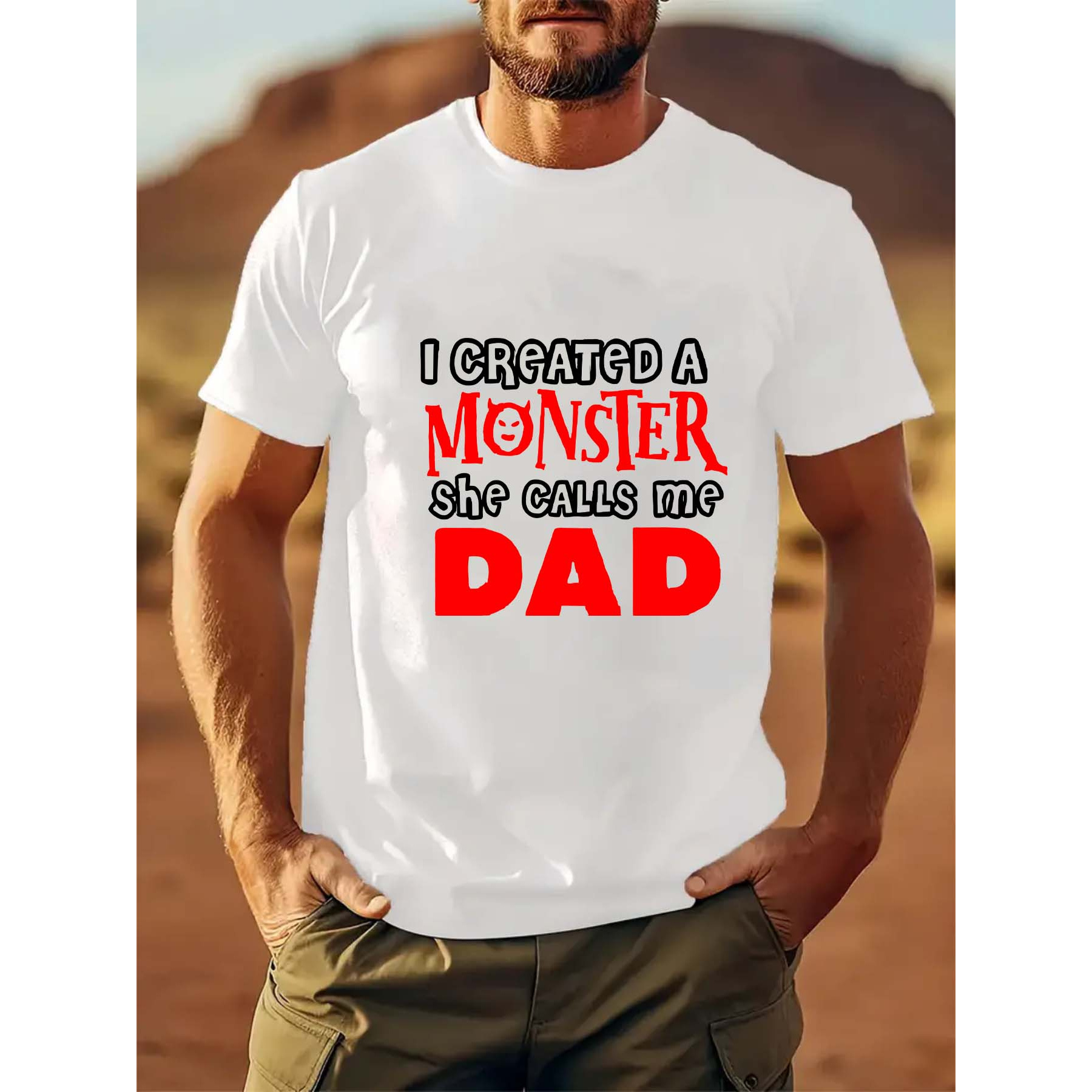 

'i Created A Monster She Calls Me Dad' Print Short Sleeved T-shirt, Casual Comfy Versatile Tee Top, Men's Leisure Everyday Spring/summer Clothing