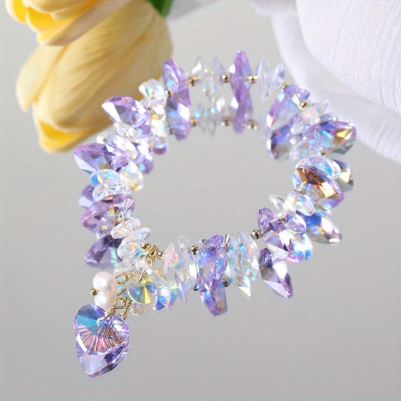 TEMU Elegant Amethyst & Rock Crystal Bracelet With Heart Pendant & Pearl Accent - Luxury Glittering Hand Jewelry For All Seasons - No Plating - Ideal For Party, Vacation & Special Occasions