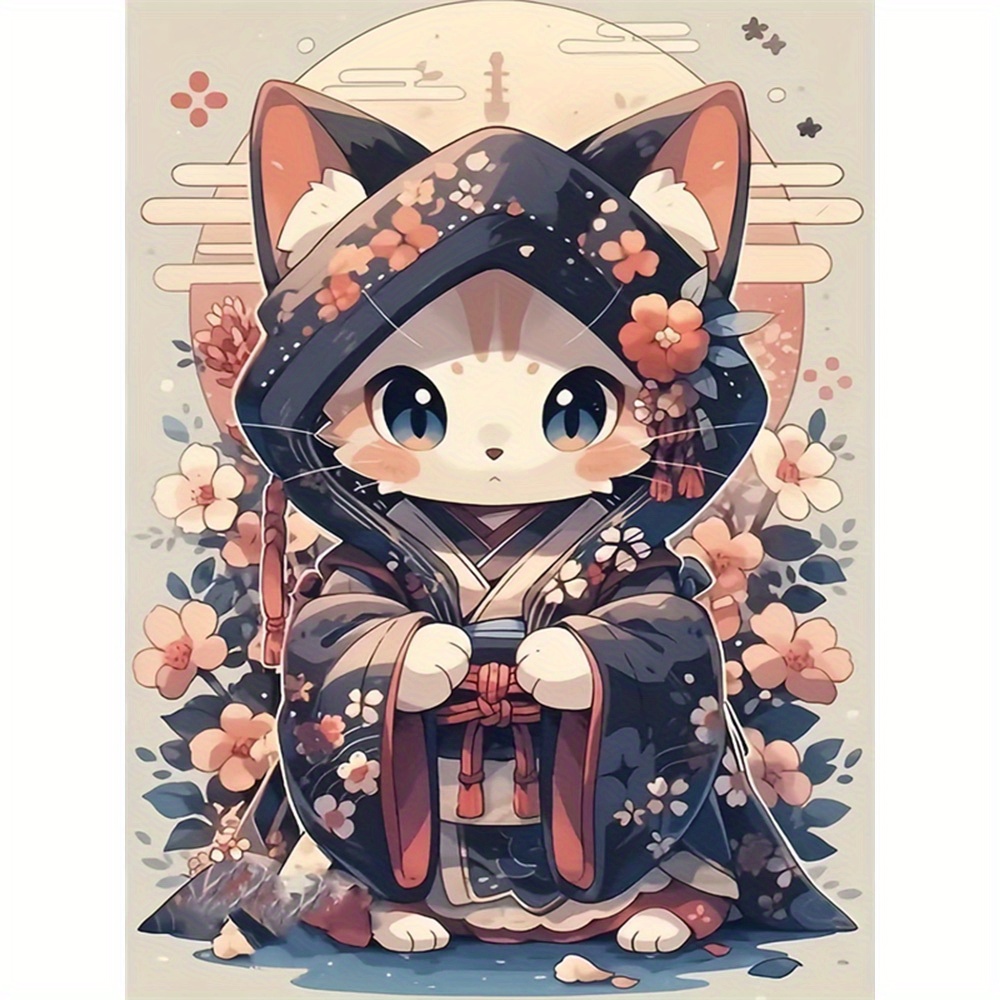 1pc Diy Diamond Painting Cat Cartoon Animal Cherry Blossoms Diamonds Set 5d Rhinestone Canvas Mosaic 11.8x15.7inch Handmade Gift Wall Decor