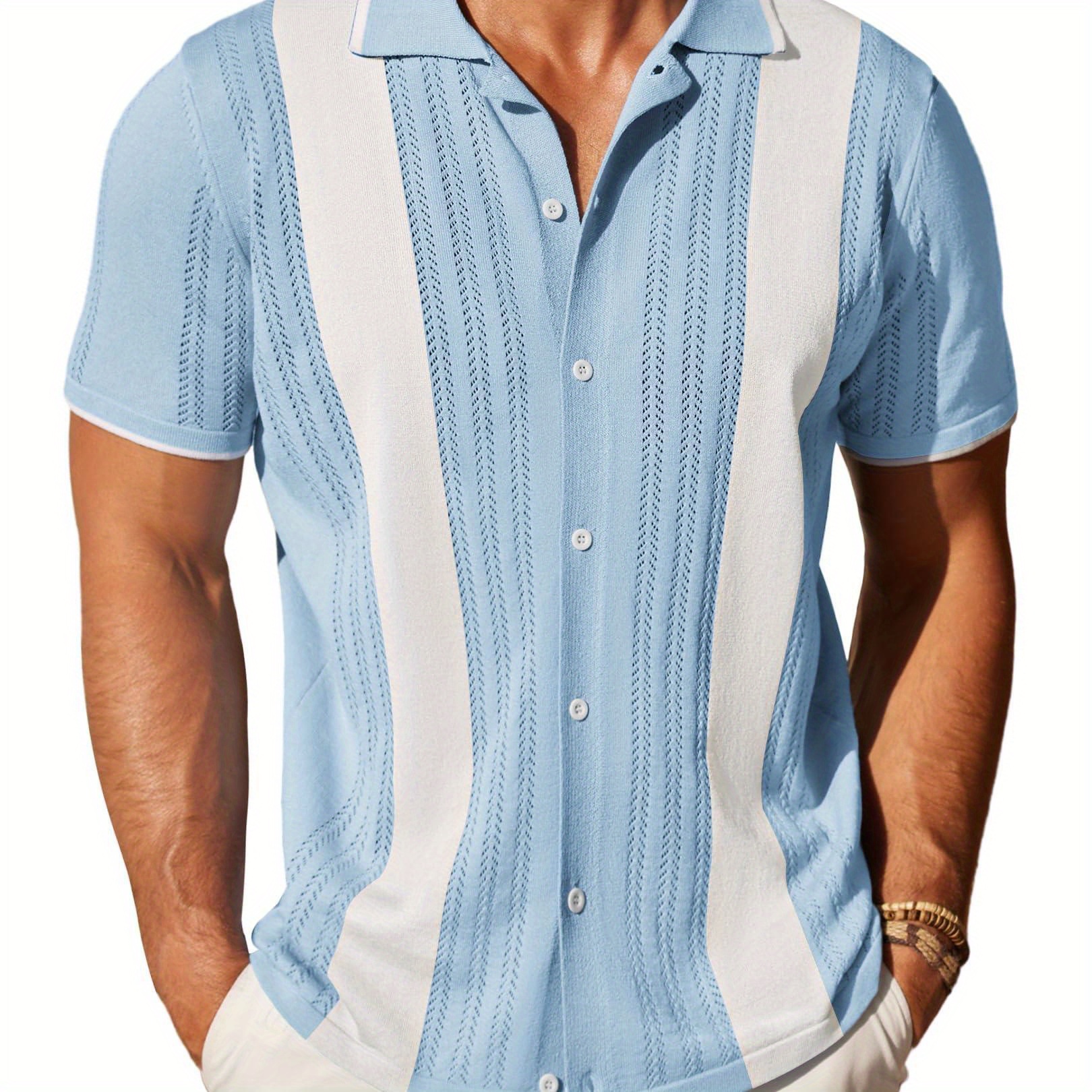 

Men's Knit Button Down Shirt Vintage Short Sleeve Polo Shirts Casual Beach Tops