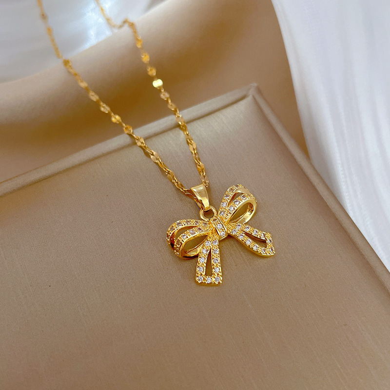 

Fashionable Style Inlaid Cubic Zirconia Bow Shaped Pendant Necklace Jewelry Gift 1 Piece