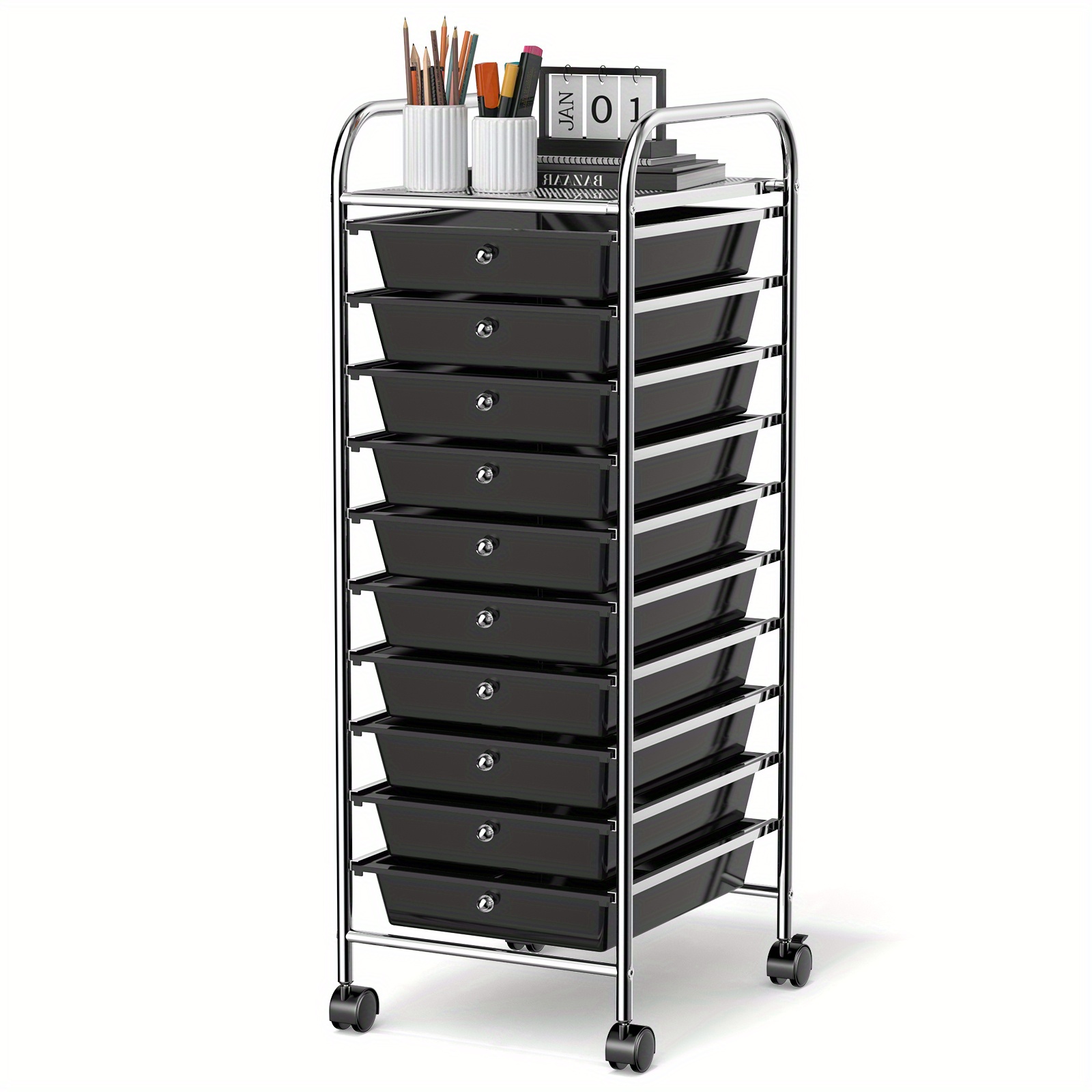 Spacious 10-drawer Rolling Storage Cart With Durable Metal Frame & Black Pp Drawers, 360° Rotating Wheels For - Ideal Organizer For Kitchen, School, Office, Workshop
