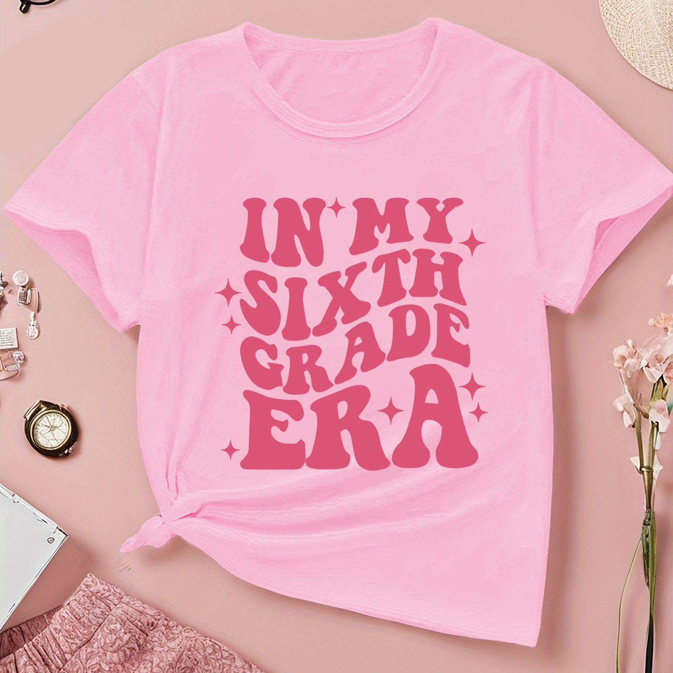 

Girls Casual Crew Neck "in My Sixth Grade Era" Letter Print Short Sleeve T-shirt, Fashion Summer Top, Soft Fabric