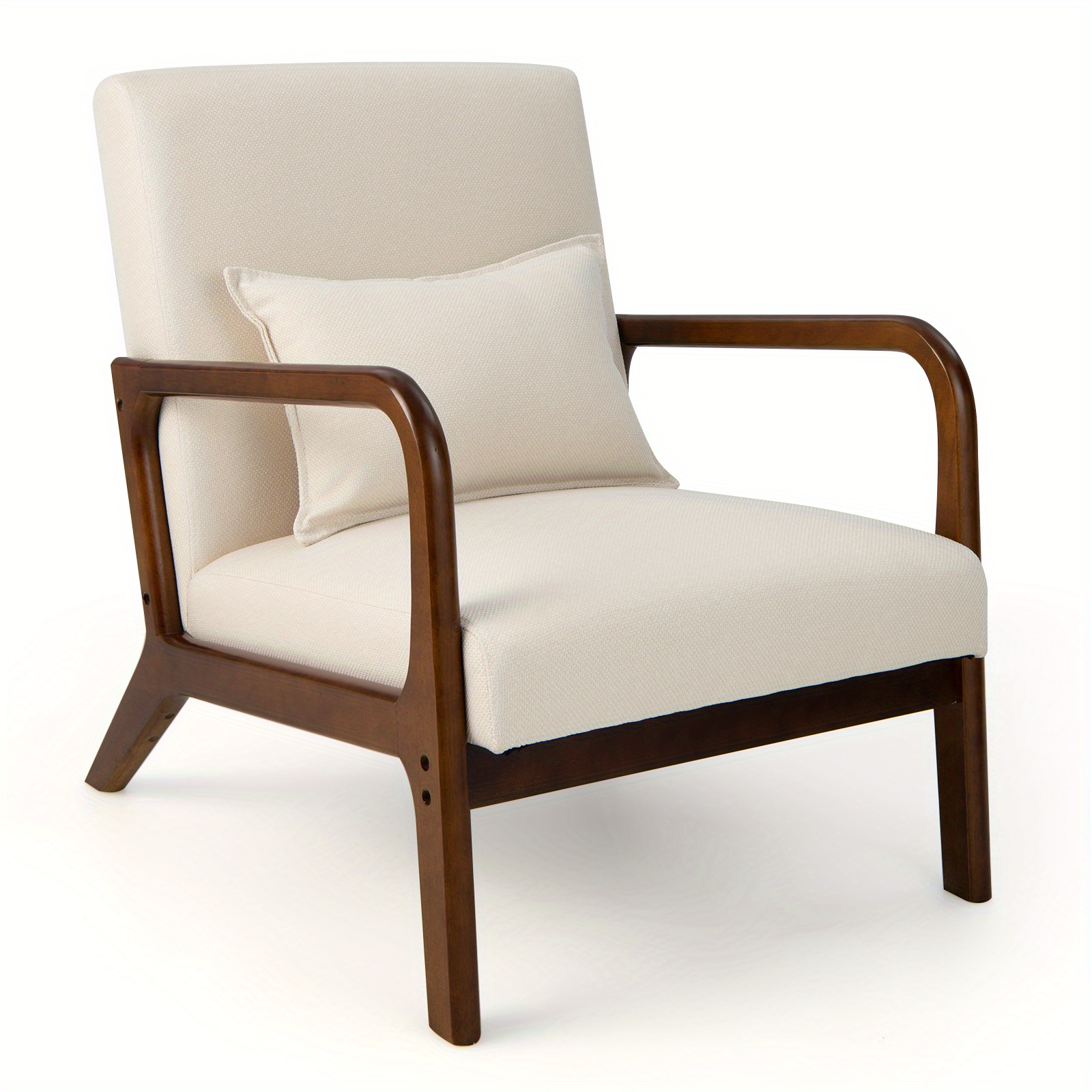 Beige Temu Modern Accent Chair Armchair W/ Lumbar Pillow & Rubber Wood Frame