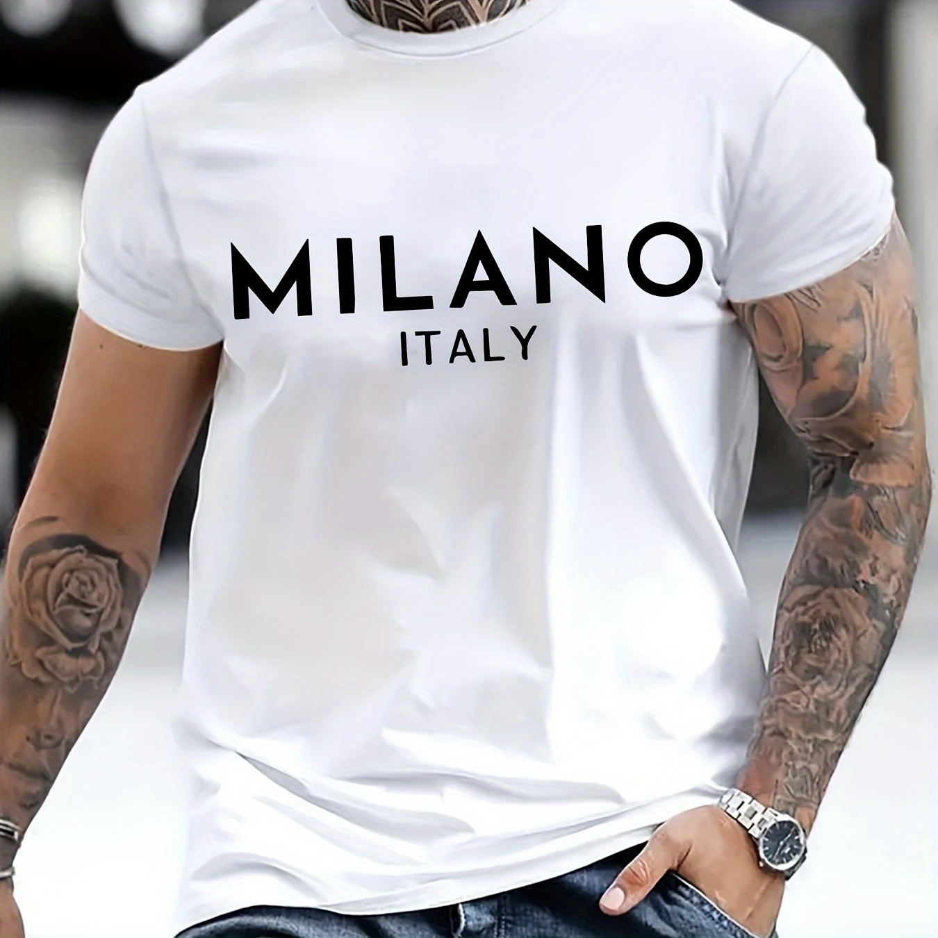 

1 Pc, 100% Cotton T-shirt, Italy Milan Lettering Printed T-shirt Men's Casual Style Summer And Autumn Slightly Elastic Round Neck T-shirt