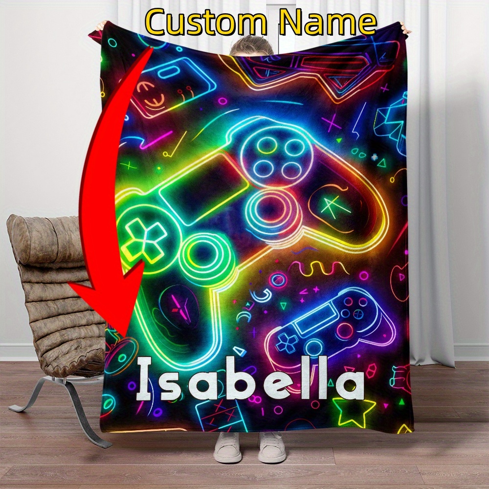 

Custom Name Gamepad Flannel Throw Blanket, Lightweight Digital Print Polyester Fleece For Couch, Sofa, Bed, Office - Knitted, Tear-resistant, All-season Glam Style Personalized Blanket