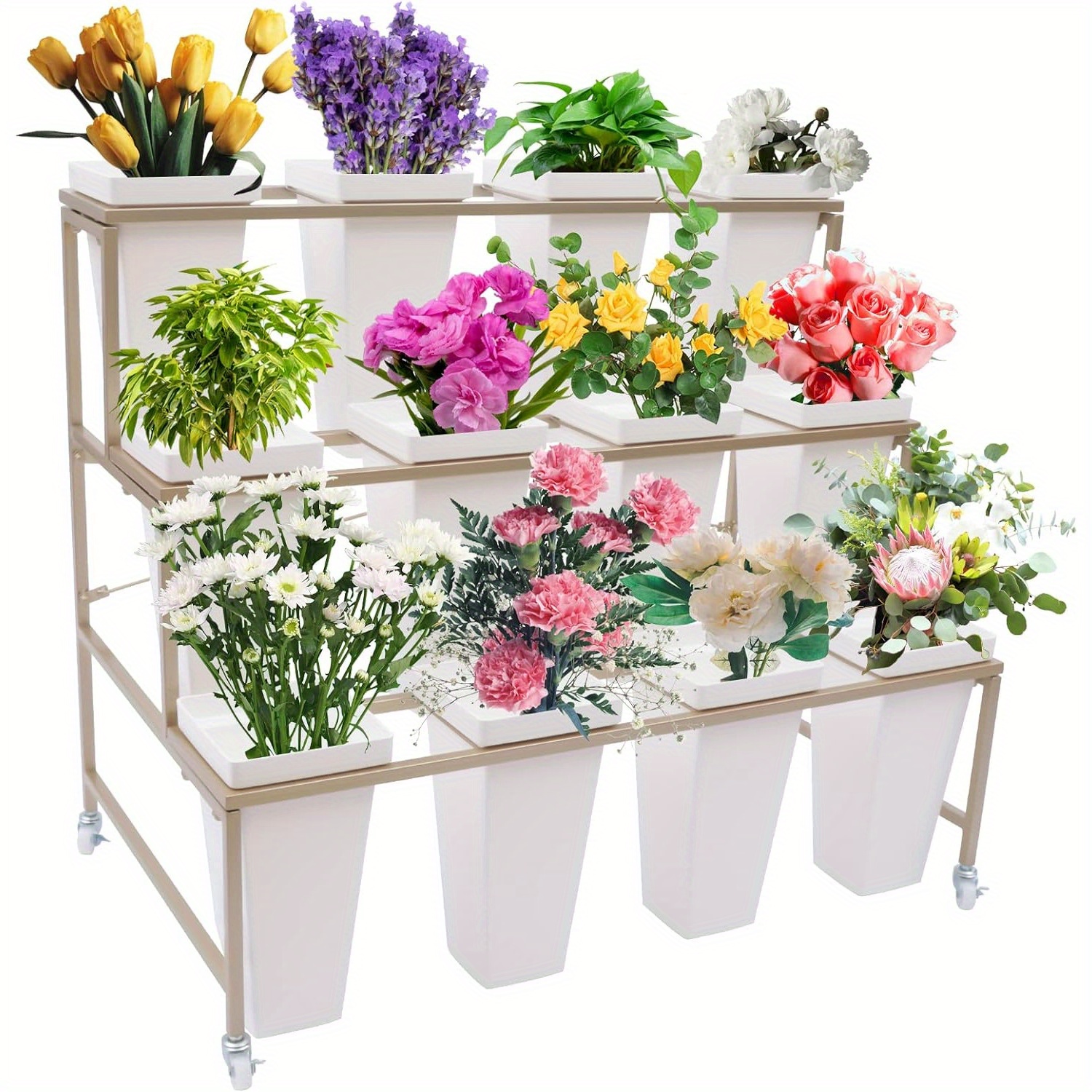 

Flower Display Stand With 12pcs Buckets, 3 Layers Plant Cart With Wheels, Heavy Duty Moving Flower Rack For Indoor, Outdoor Patio Garden, Living Room, Florist, Shipped In 2 Parcels