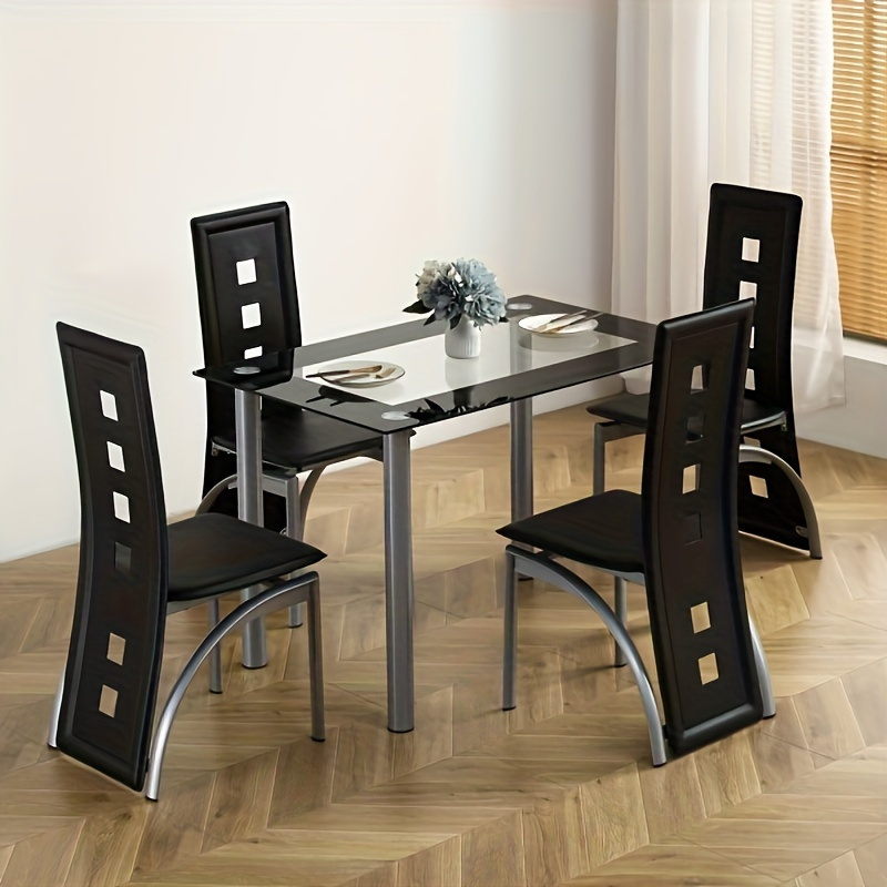 

5 Piece Modern Leather Dining Table Set - Tempered Glass Table, 4 Stylish Chairs, Black Finish, Silver Legs, Durable And Easy To Clean