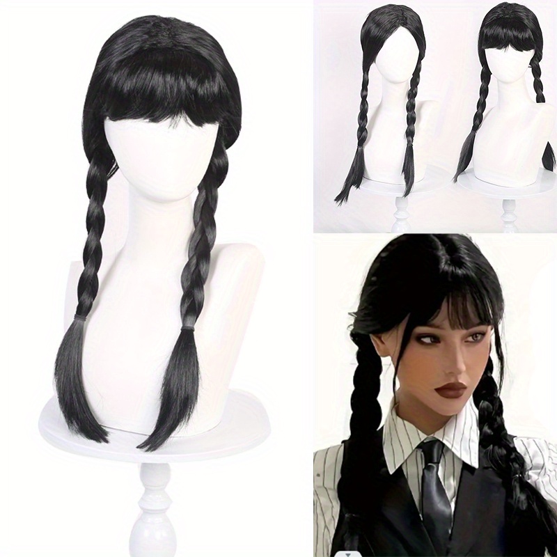 

Chic Black Braided Ponytail Wig With Bangs - 24" Synthetic Hair For Women, & Cosplay