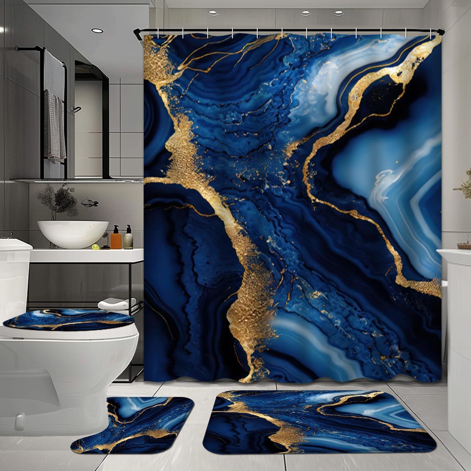 

4 Pcs Navy Blue Bathroom Shower Curtain Sets With Rugs, Marble Bathroom Sets With Shower Curtain And Rugs, Luxurious Golden Bathroom Decor Sets With Mats And Towels