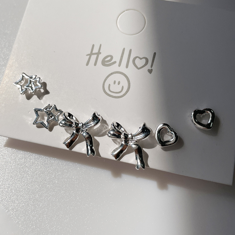 

6pcs Stylish Star Bow Love Heart Elegant Copper Silver Color Earrings Suit Lady Date Daily Party Party Birthday Gift