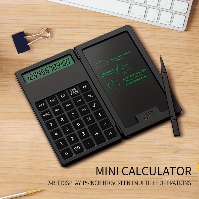 

1pc Mini Portable Calculator Handwriting Pad, Suitable For Learning And Business Office, 12position Lcd Display, Portable Foldable Calculator, With Handwriting Pad, Dual Battery Power Supply